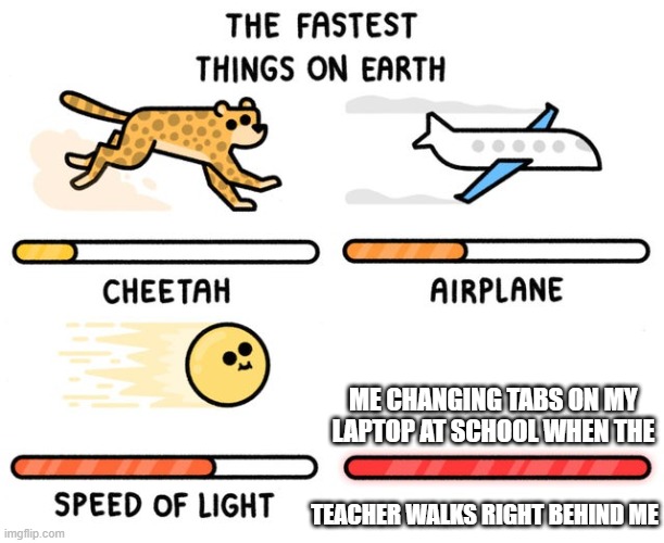 I was doing work i was totally not gaming or making and looking at memes | ME CHANGING TABS ON MY LAPTOP AT SCHOOL WHEN THE; TEACHER WALKS RIGHT BEHIND ME | image tagged in fastest thing possible,school,funny,memes,relatable | made w/ Imgflip meme maker