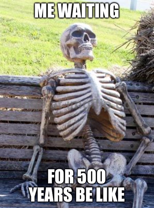 Realistic meme for a change of pace | ME WAITING; FOR 500 YEARS BE LIKE | image tagged in memes,waiting skeleton | made w/ Imgflip meme maker