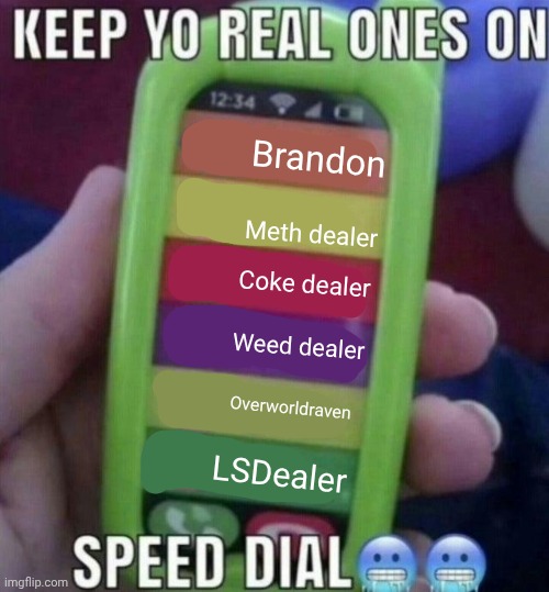 keep yo real ones on speed dial | Brandon; Meth dealer; Coke dealer; Weed dealer; Overworldraven; LSDealer | image tagged in keep yo real ones on speed dial | made w/ Imgflip meme maker