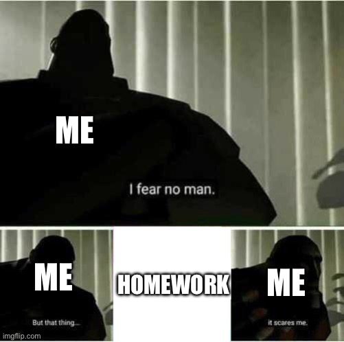 I fear no man | ME; ME; ME; HOMEWORK | image tagged in i fear no man | made w/ Imgflip meme maker