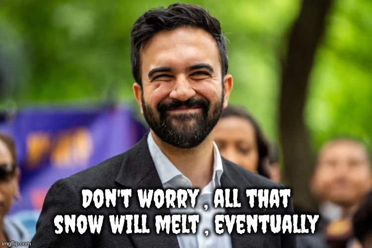 Don't worry , all that snow will melt , eventually | image tagged in zohran mamdani grinning | made w/ Imgflip meme maker