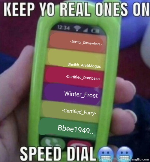 I have more but these are the ones at the top of my head. The issue is, some of the people I fw don't fw each other :(( | -.D0ctor_S0mewhere.- ; Sheikh_ArabMogus; -Certified_Dumbass-; Winter_Frost; -Certified_Furry-; Bbee1949.. | image tagged in keep yo real ones on speed dial | made w/ Imgflip meme maker