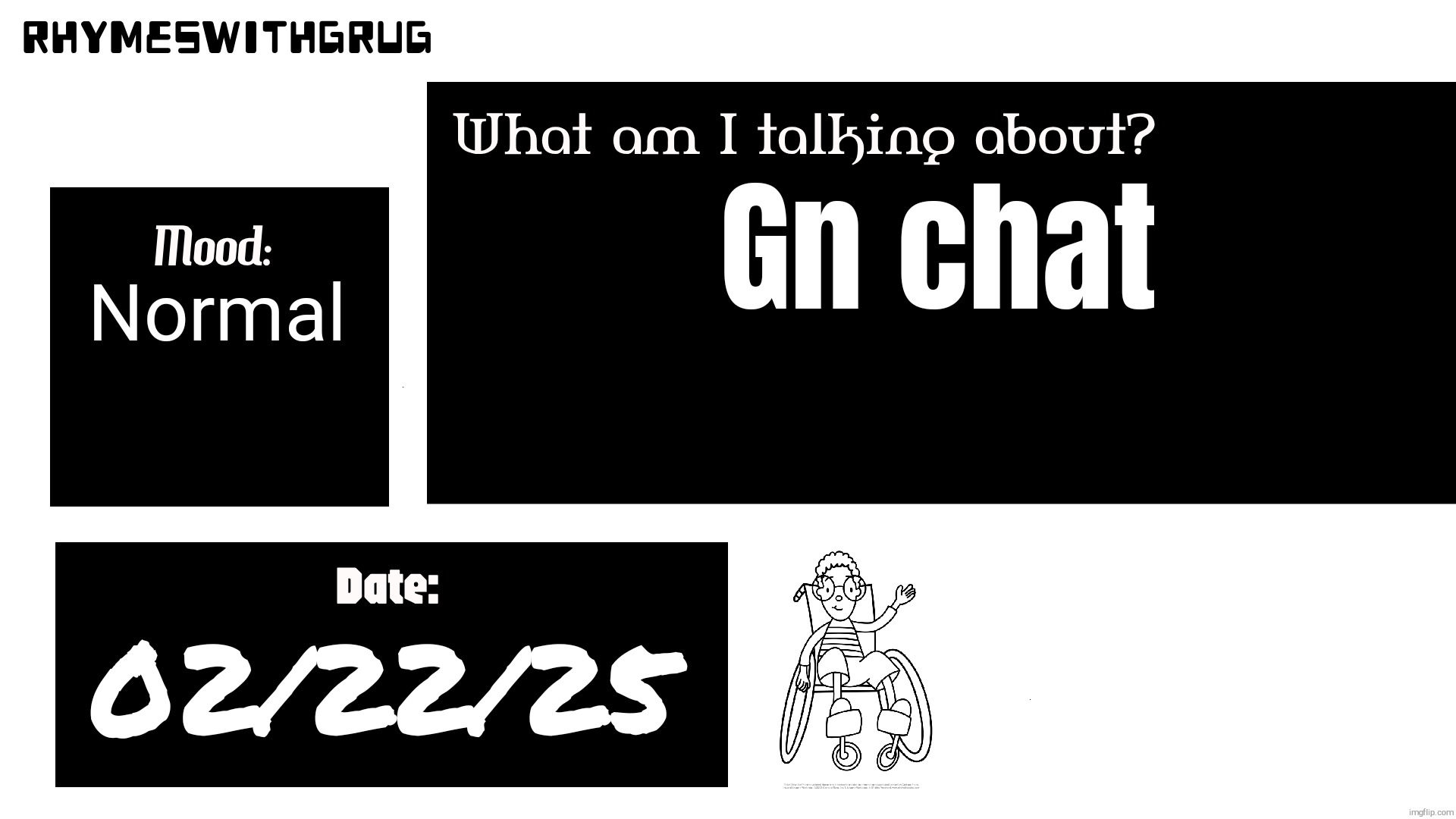 Announcement | Gn chat; Normal; 02/22/25 | image tagged in rhymeswithgrug announcement template new,msmg,gn chat,public service announcement,goodnight,rwgthememer | made w/ Imgflip meme maker