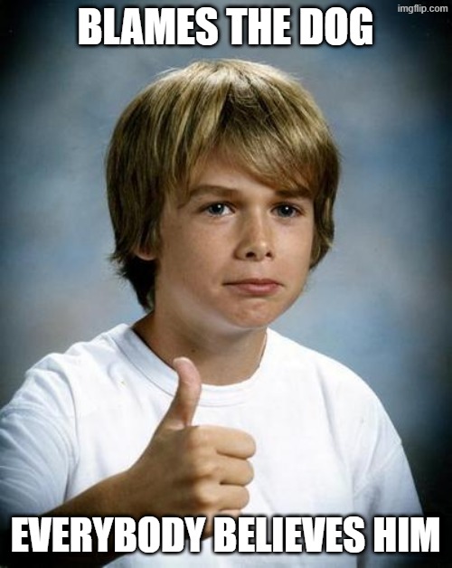 BLAMES THE DOG EVERYBODY BELIEVES HIM | image tagged in good luck gary | made w/ Imgflip meme maker