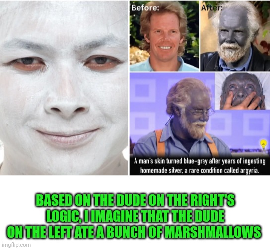 Funny | BASED ON THE DUDE ON THE RIGHT'S LOGIC, I IMAGINE THAT THE DUDE ON THE LEFT ATE A BUNCH OF MARSHMALLOWS | image tagged in funny,marshmallow,silver,makeup,darwin award,halloween | made w/ Imgflip meme maker