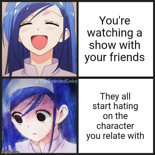 Do they... hate me too? | You're watching a show with your friends; They all start hating on the character you relate with | image tagged in distressed fumino 2 panel,relatable,sad,shows,characters,confusion | made w/ Imgflip meme maker