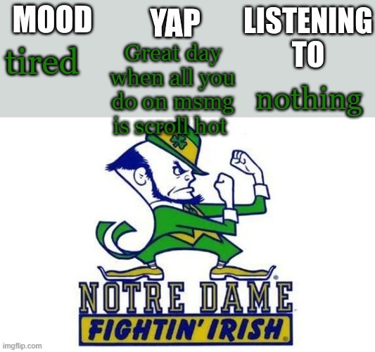 Notre_Dame_fan102's Second Announcement Temp | Great day when all you do on msmg is scroll hot; tired; nothing | image tagged in notre_dame_fan102's second announcement temp | made w/ Imgflip meme maker
