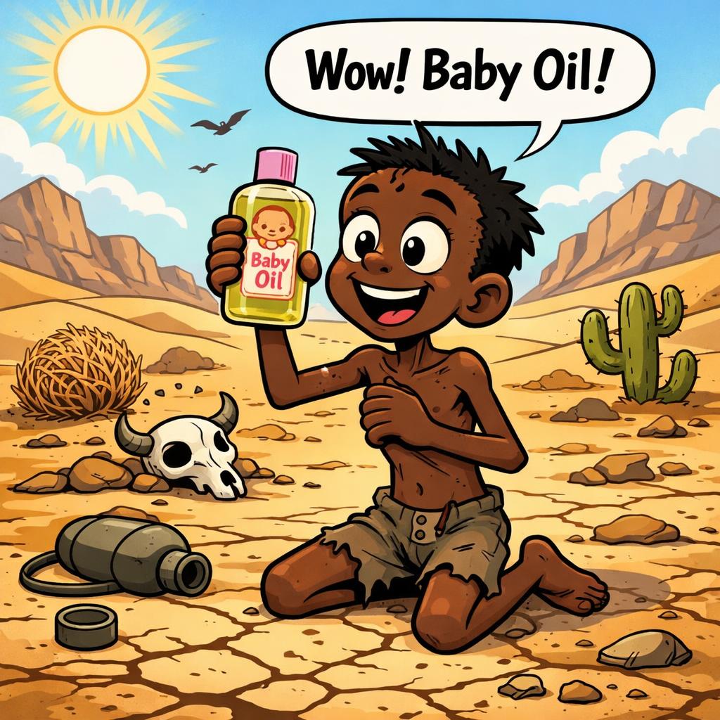 Black kid very thin in deserted desert finding baby oil Blank Meme Template