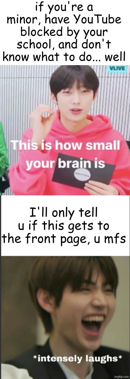 I promise I will :) and this isn't upvotes begging, moderators and owners of Middle-School, I want to help these kids out | if you're a minor, have YouTube blocked by your school, and don't know what to do... well; I'll only tell u if this gets to the front page, u mfs | image tagged in i will offend everyone,lol,third world success kid | made w/ Imgflip meme maker