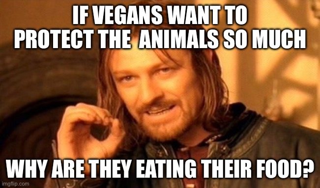 Vegan brain buster 1# | IF VEGANS WANT TO PROTECT THE  ANIMALS SO MUCH; WHY ARE THEY EATING THEIR FOOD? | image tagged in memes,one does not simply | made w/ Imgflip meme maker