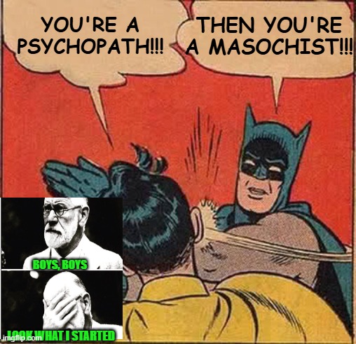 Freudian Slap | THEN YOU'RE A MASOCHIST!!! YOU'RE A PSYCHOPATH!!! BOYS, BOYS; LOOK WHAT I STARTED | image tagged in memes,batman slapping robin,sigmund freud,psychopath,masochist | made w/ Imgflip meme maker