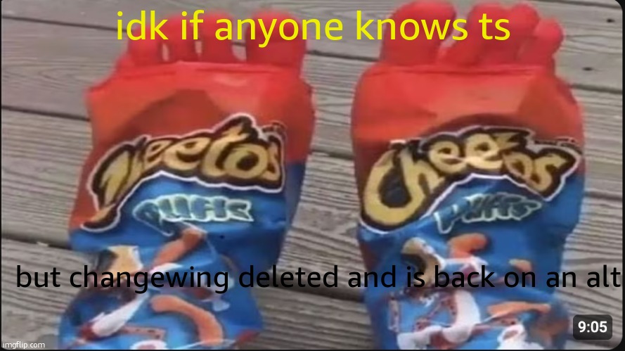 changewing | idk if anyone knows ts; but changewing deleted and is back on an alt | image tagged in cheetos toes | made w/ Imgflip meme maker