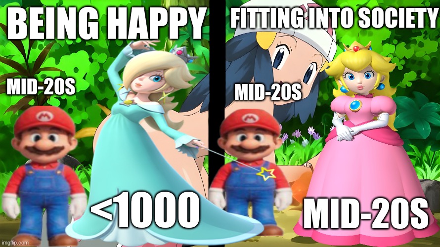 sadly, one specific youtuber tainted the way we see the left one | FITTING INTO SOCIETY; BEING HAPPY; MID-20S; MID-20S; <1000; MID-20S | image tagged in super mario | made w/ Imgflip meme maker
