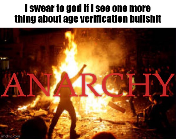Anarchy Riot | i swear to god if i see one more thing about age verification bullshit; ANARCHY | image tagged in anarchy riot | made w/ Imgflip meme maker