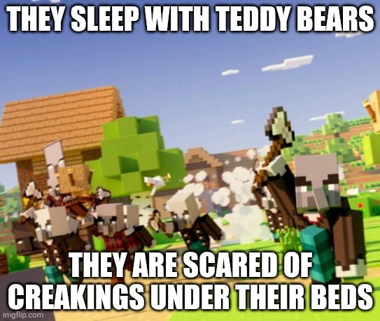 Illagers | THEY SLEEP WITH TEDDY BEARS; THEY ARE SCARED OF CREAKINGS UNDER THEIR BEDS | image tagged in illagers | made w/ Imgflip meme maker