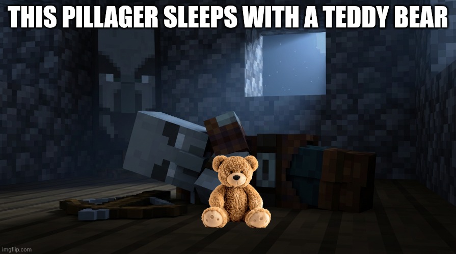 Pillager That Is An Illager Captain Sleeping | THIS PILLAGER SLEEPS WITH A TEDDY BEAR | image tagged in pillager that is an illager captain sleeping | made w/ Imgflip meme maker
