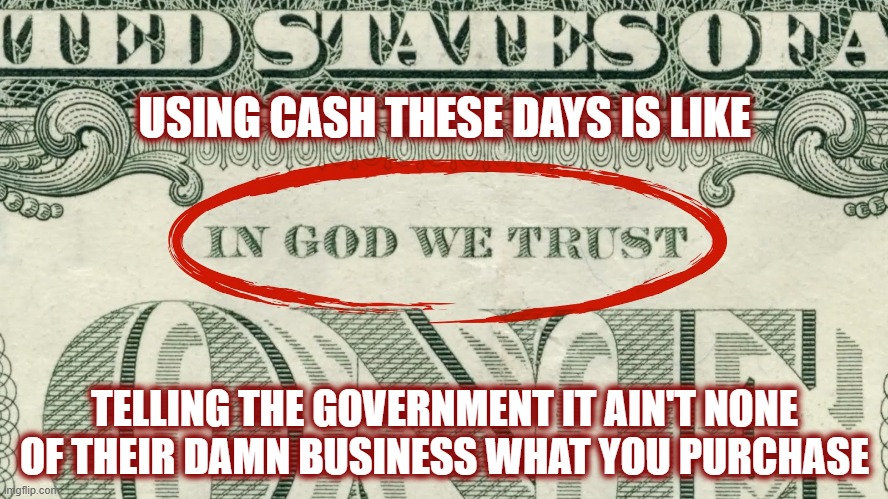 Like our fiat currency is really worth anything. | USING CASH THESE DAYS IS LIKE; TELLING THE GOVERNMENT IT AIN'T NONE OF THEIR DAMN BUSINESS WHAT YOU PURCHASE | image tagged in american politics,politics,money,cash,digital currency,buy | made w/ Imgflip meme maker