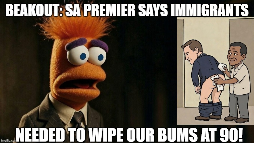 beakout | BEAKOUT: SA PREMIER SAYS IMMIGRANTS; NEEDED TO WIPE OUR BUMS AT 90! | image tagged in malinauskas | made w/ Imgflip meme maker
