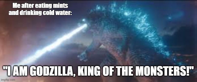 Can we talk about the pitfalls of cold stuff? Because I have a sore throat and I can't drink water until sunset. | Me after eating mints and drinking cold water:; "I AM GODZILLA, KING OF THE MONSTERS!" | made w/ Imgflip meme maker