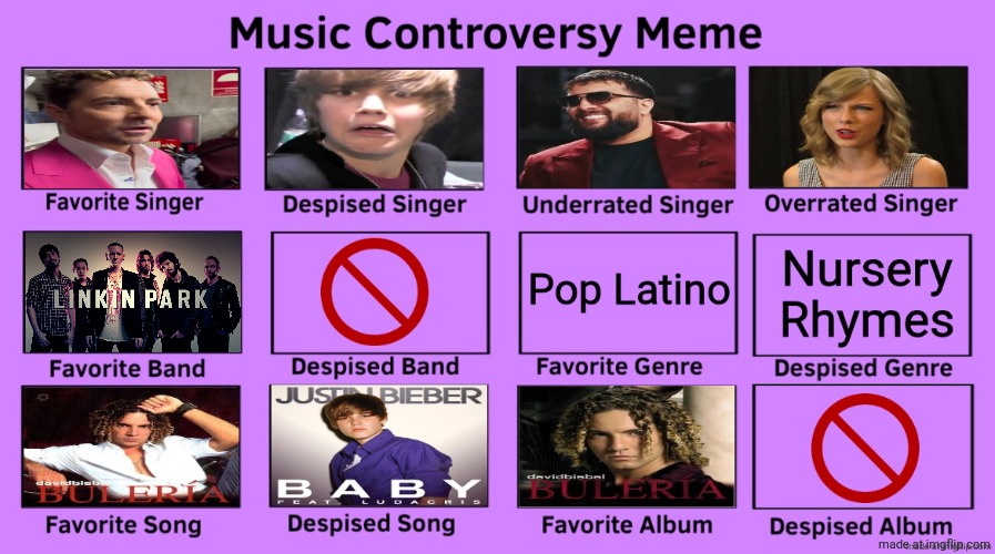 My Music Controversy "meme" (i ruined this deviantart meme with Bisbal, Tzanca and anti JB) | image tagged in music,memes,david bisbal,taylor swift,linkin park,justin bieber | made w/ Imgflip meme maker