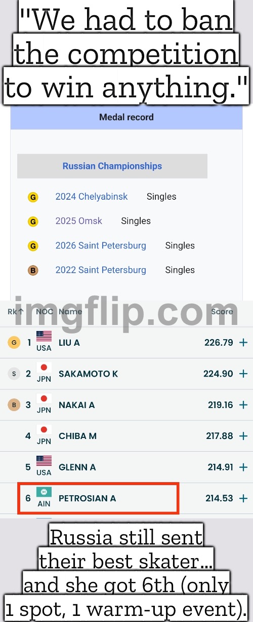 "We have to ban the competition to win anything."; "Even with only ONE Russian skater (after ONE intl event), she still got 6th. | "We had to ban the competition to win anything."; Russia still sent their best skater… and she got 6th (only 1 spot, 1 warm‑up event). | image tagged in winter olympics,olympics,skating,russia,competition,usa | made w/ Imgflip meme maker