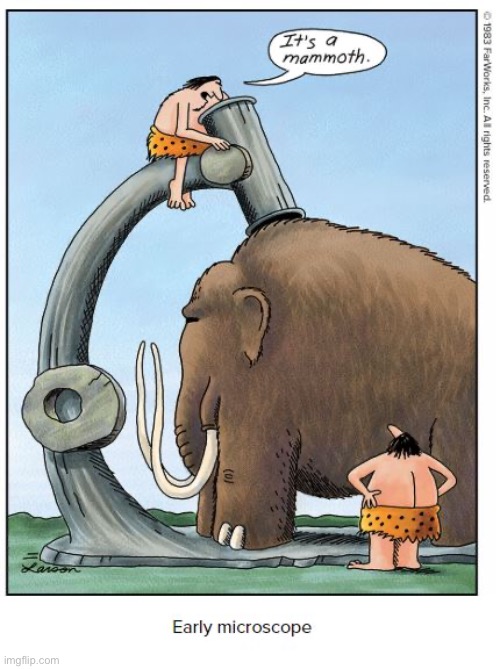 Science… | image tagged in the far side,comics,cavemen,microscope,mammoth,early version | made w/ Imgflip meme maker