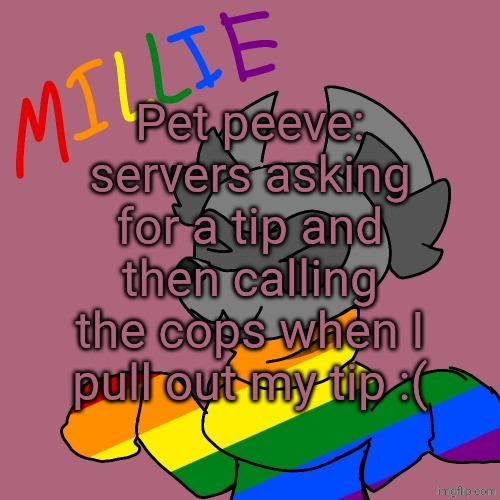 Millie's fursona announcement template | Pet peeve: servers asking for a tip and then calling the cops when I pull out my tip :( | image tagged in millie's fursona announcement template | made w/ Imgflip meme maker