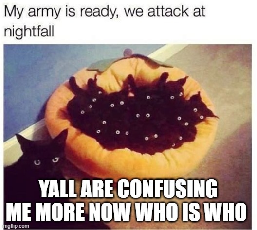 I AM GOING TO HAVE AN IDENTITY CRISIS EVERYONE IS THE WRONG PERSON | YALL ARE CONFUSING ME MORE NOW WHO IS WHO | image tagged in grimnemo's army | made w/ Imgflip meme maker