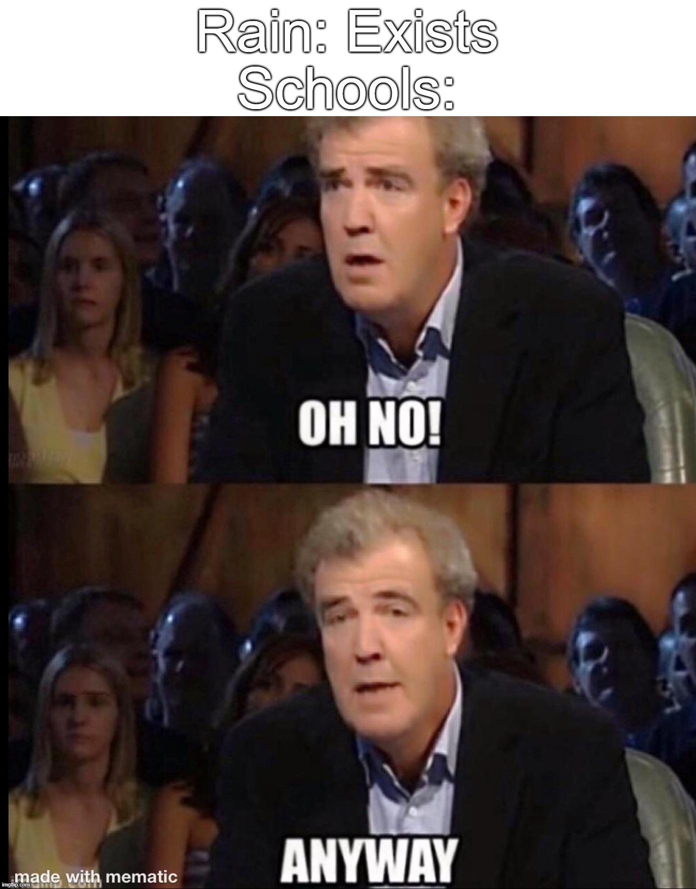 Oh no anyway | Rain: Exists
Schools: | image tagged in oh no anyway,jeremy clarkson,school | made w/ Imgflip meme maker