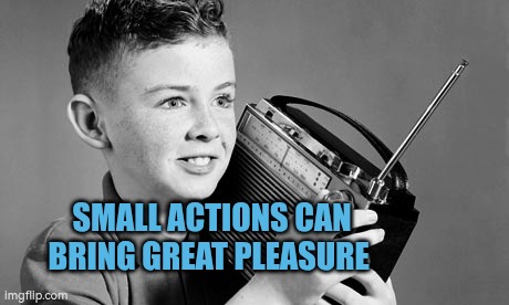 Small actions can bring great pleasure | SMALL ACTIONS CAN BRING GREAT PLEASURE | image tagged in radio,autism,pleasure,jo farmer,initiative | made w/ Imgflip meme maker