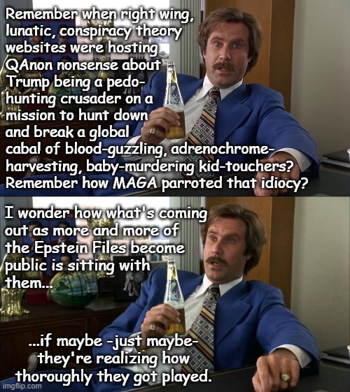 Sometimes I almost pity them... almost. | Remember when right wing, 
lunatic, conspiracy theory
websites were hosting
QAnon nonsense about
Trump being a pedo-
hunting crusader on a
mission to hunt down
and break a global
cabal of blood-guzzling, adrenochrome-
harvesting, baby-murdering kid-touchers?
Remember how MAGA parroted that idiocy? I wonder how what's coming
out as more and more of
the Epstein Files become
public is sitting with
them... ...if maybe -just maybe-
they're realizing how
thoroughly they got played. | image tagged in qanon,nonsense,insanity,mental illness,gullible,stupid people | made w/ Imgflip meme maker