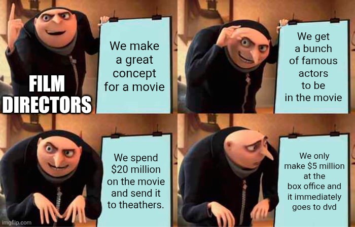 Literally any movie right now | We get a bunch of famous actors to be in the movie; We make a great concept for a movie; FILM DIRECTORS; We spend $20 million on the movie and send it to theathers. We only make $5 million at the box office and it immediately goes to dvd | image tagged in memes,gru's plan | made w/ Imgflip meme maker
