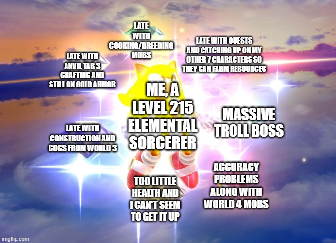 Regardless I still love IdleOn | LATE WITH COOKING/BREEDING MOBS; LATE WITH QUESTS AND CATCHING UP ON MY OTHER 7 CHARACTERS SO THEY CAN FARM RESOURCES; LATE WITH ANVIL TAB 3 CRAFTING AND STILL ON GOLD ARMOR; ME, A LEVEL 215 ELEMENTAL SORCERER; MASSIVE TROLL BOSS; LATE WITH CONSTRUCTION AND COGS FROM WORLD 3; ACCURACY PROBLEMS ALONG WITH WORLD 4 MOBS; TOO LITTLE HEALTH AND I CAN'T SEEM TO GET IT UP | image tagged in idleon,idle games,lavaflame2,grind | made w/ Imgflip meme maker