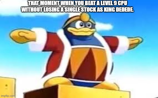 Level 9 CPU vs King Dedede supreme. | THAT MOMENT WHEN YOU BEAT A LEVEL 9 CPU WITHOUT LOSING A SINGLE STOCK AS KING DEDEDE. | image tagged in king dedede,super smash bros | made w/ Imgflip meme maker