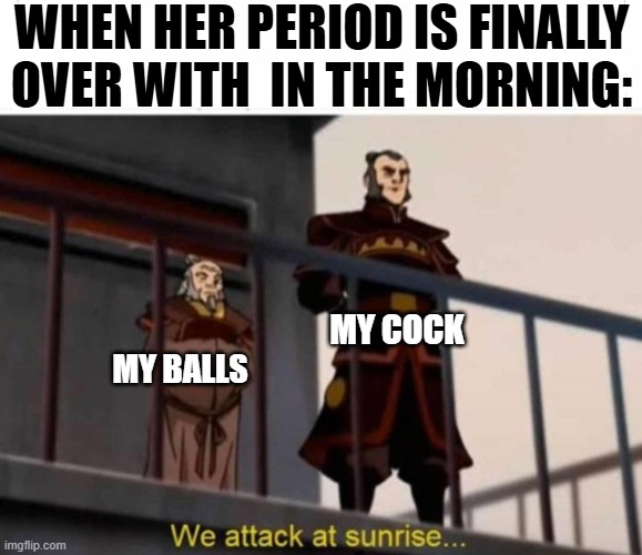 Attack at Sunrise | WHEN HER PERIOD IS FINALLY OVER WITH  IN THE MORNING:; MY COCK; MY BALLS | image tagged in we attack at sunrise meme | made w/ Imgflip meme maker
