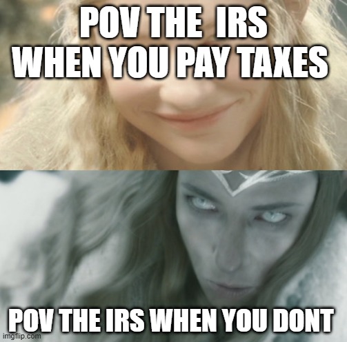 Galadriel Two Sides | POV THE  IRS WHEN YOU PAY TAXES; POV THE IRS WHEN YOU DONT | image tagged in galadriel two sides | made w/ Imgflip meme maker