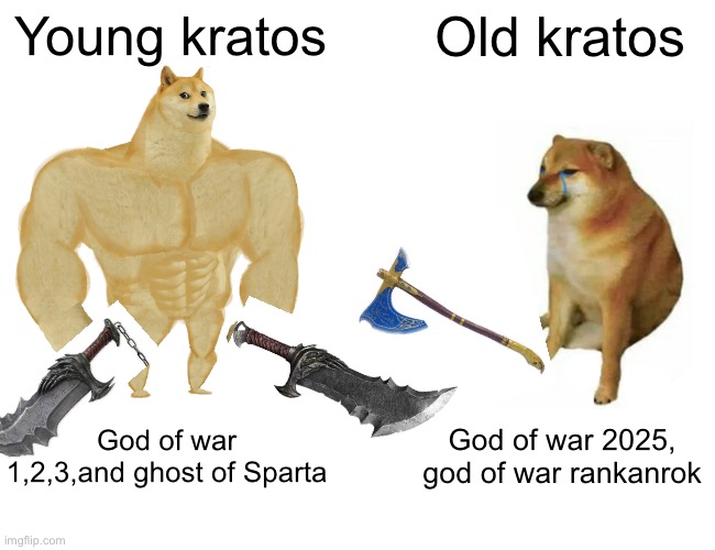 Buff Doge vs. Cheems Meme | Young kratos; Old kratos; God of war 1,2,3,and ghost of Sparta; God of war 2025, god of war rankanrok | image tagged in memes,buff doge vs cheems | made w/ Imgflip meme maker