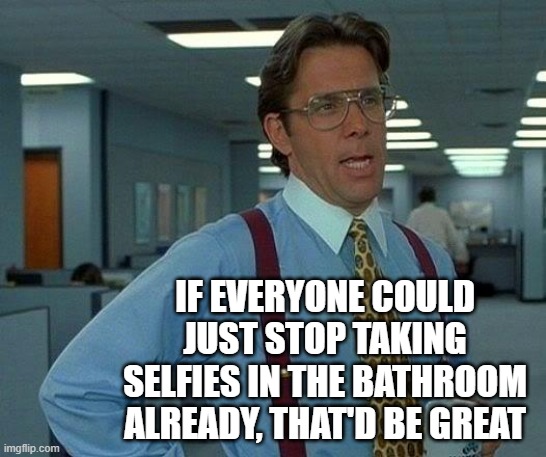 When is it going to be enough? | IF EVERYONE COULD JUST STOP TAKING SELFIES IN THE BATHROOM ALREADY, THAT'D BE GREAT | image tagged in memes,that would be great | made w/ Imgflip meme maker