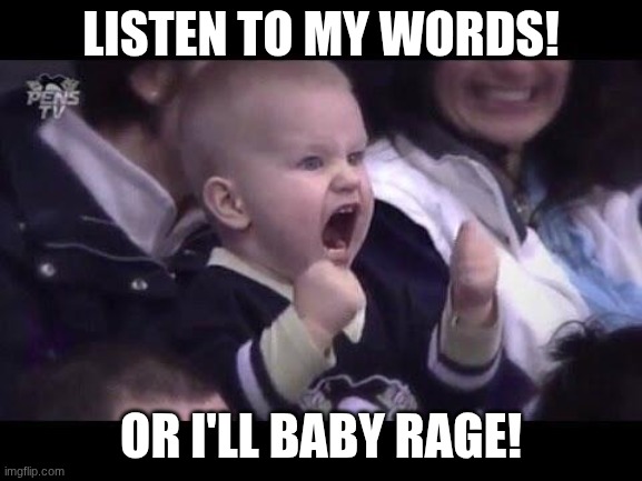 BABY RAGE TIME! | LISTEN TO MY WORDS! OR I'LL BABY RAGE! | image tagged in hockey baby,rage | made w/ Imgflip meme maker