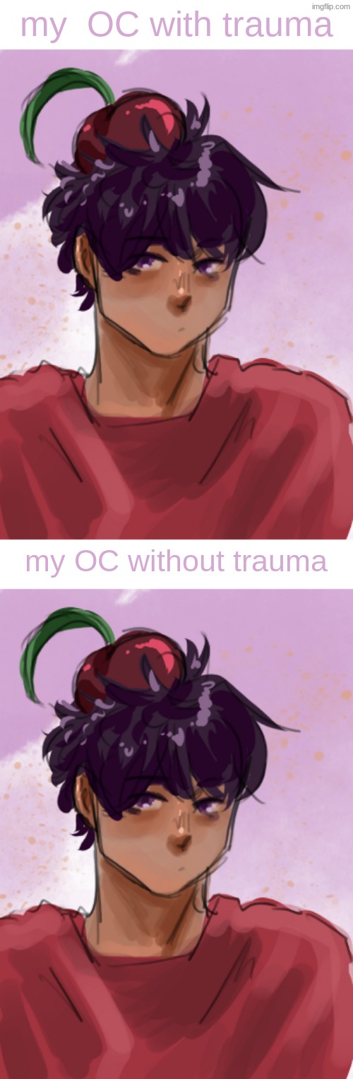 drawing done by disco a LONG time ago I'm js reusing it cause I don't wanna draw  this dude rn | my  OC with trauma; my OC without trauma | made w/ Imgflip meme maker