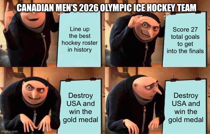 You thought wrong | CANADIAN MEN’S 2026 OLYMPIC ICE HOCKEY TEAM; Line up the best hockey roster in history; Score 27 total goals to get into the finals; Destroy USA and win the gold medal; Destroy USA and win the gold medal | image tagged in memes,gru's plan | made w/ Imgflip meme maker