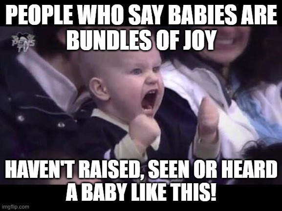 Does this look like a bundle of joy to you? | PEOPLE WHO SAY BABIES ARE
BUNDLES OF JOY; HAVEN'T RAISED, SEEN OR HEARD
A BABY LIKE THIS! | image tagged in hockey baby,screaming,raging,brat,monster,vicious | made w/ Imgflip meme maker