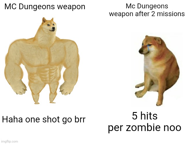 Buff Doge vs. Cheems Meme | MC Dungeons weapon; Mc Dungeons weapon after 2 missions; Haha one shot go brr; 5 hits per zombie noo | image tagged in memes,buff doge vs cheems | made w/ Imgflip meme maker