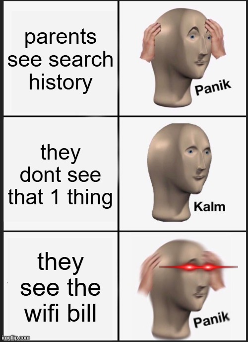 Panik Kalm Panik Meme | parents see search history; they dont see that 1 thing; they see the wifi bill | image tagged in memes,panik kalm panik | made w/ Imgflip meme maker