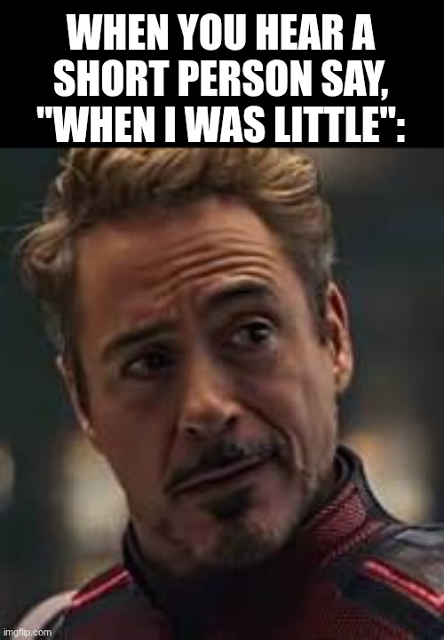 yes | WHEN YOU HEAR A SHORT PERSON SAY, "WHEN I WAS LITTLE": | image tagged in memes,funny,ironman,marvel,avengers endgame,short | made w/ Imgflip meme maker