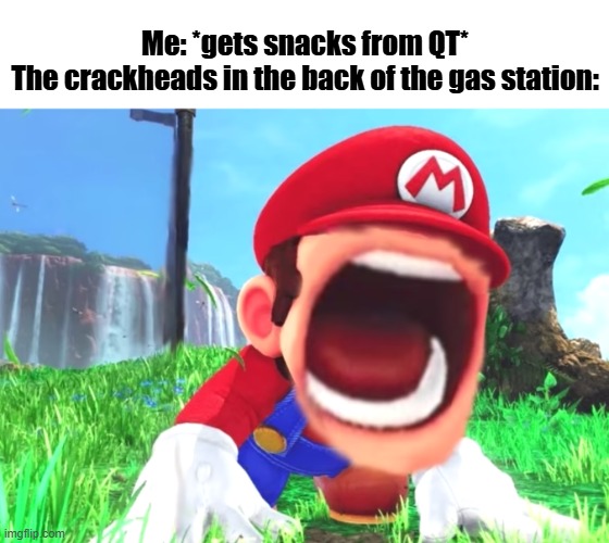 "BOY WHAT YOU IS DOING BOY?? NAHH-" | Me: *gets snacks from QT*
The crackheads in the back of the gas station: | image tagged in mario screaming,crackhead,memes,relatable | made w/ Imgflip meme maker