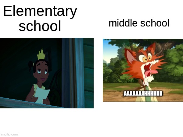 Middle school vs elementary school | Elementary
school; middle school; AAAAAAAHHHHHH | image tagged in school,middle school,princess and the frog | made w/ Imgflip meme maker