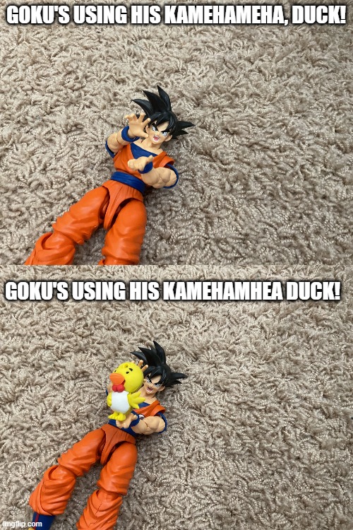 the difference of a comma(hamaha) | GOKU'S USING HIS KAMEHAMEHA, DUCK! GOKU'S USING HIS KAMEHAMHEA DUCK! | image tagged in goku,kamehameha,pun | made w/ Imgflip meme maker