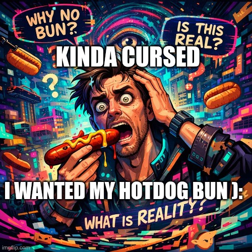 I wanted a hotdog bun ): | KINDA CURSED; I WANTED MY HOTDOG BUN ): | image tagged in hotdog,hotdogbun | made w/ Imgflip meme maker