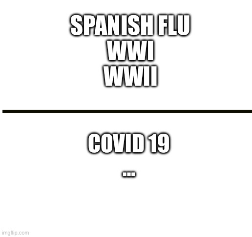 … | SPANISH FLU
WWI
WWII; COVID 19
… | image tagged in blank white template | made w/ Imgflip meme maker